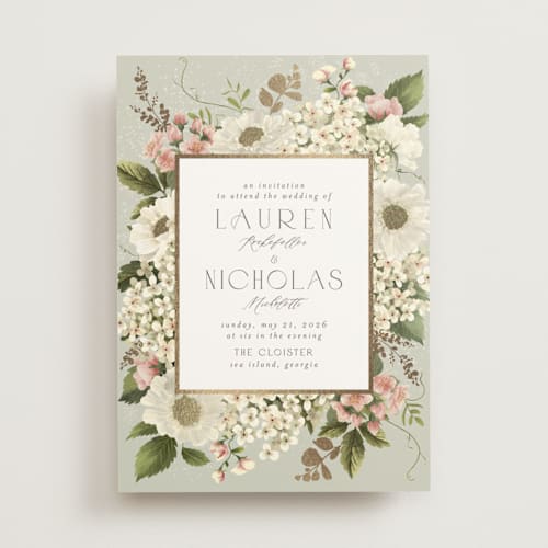 This is a moss foil stamped wedding invitations with foil pressed by Chris Griffith called floral tribute printing on signature in standard