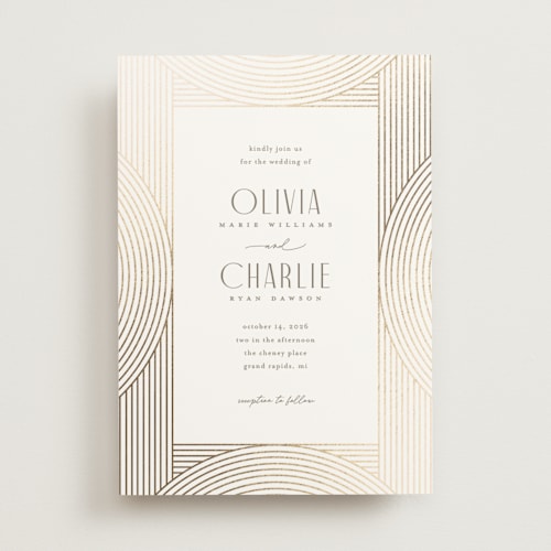 This is a alabaster foil stamped wedding invitations with foil pressed by Pixel and Hank called moderne printing on signature in standard