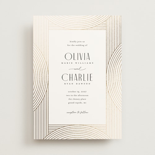 This is a snow foil stamped wedding invitations with foil pressed by Pixel and Hank called moderne printing on signature in standard