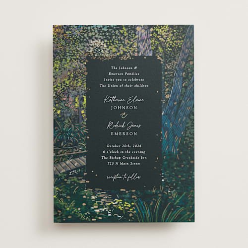 This is a emerald foil stamped wedding invitations with foil pressed by Becky Nimoy called by the creek printing on signature in standard
