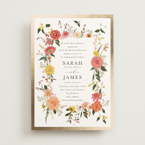 This is a burgundy foil stamped wedding invitations with foil pressed by Susan Moyal called enchanting printing on signature in standard