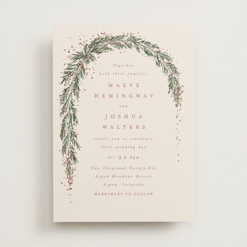 This is a latte foil stamped wedding invitations with foil pressed by Leah Bisch called winter garland printing on signature in standard