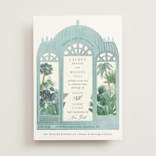 This is a ocean foil stamped wedding invitations with foil pressed by Elly called the greenhouse printing on signature in standard