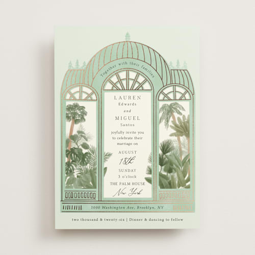 This is a mint foil stamped wedding invitations with foil pressed by Elly called the greenhouse printing on signature in standard