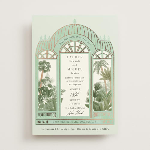This is a mint foil stamped wedding invitations with foil pressed by Elly called the greenhouse printing on signature in standard