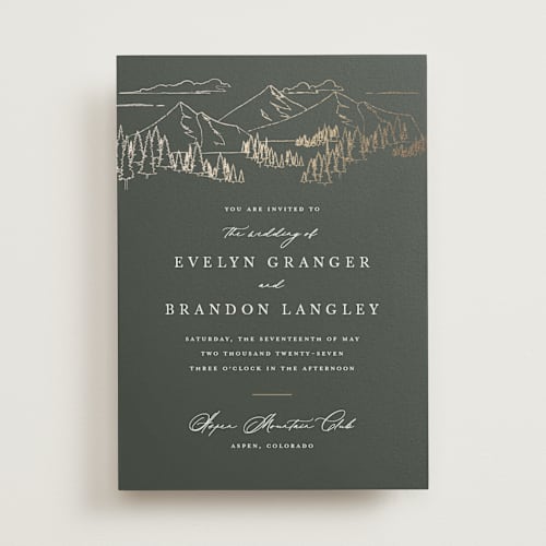 This is a hunter foil stamped wedding invitations with foil pressed by Sarah Brown called peaks printing on signature in standard