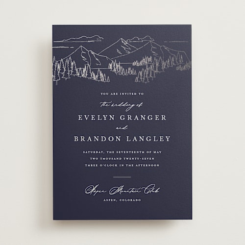 This is a navy foil stamped wedding invitations with foil pressed by Sarah Brown called peaks printing on signature in standard