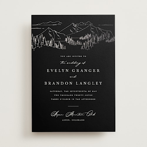 This is a onyx foil stamped wedding invitations with foil pressed by Sarah Brown called peaks printing on signature in standard