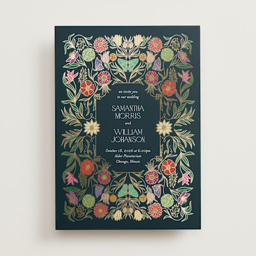 This is a midnight garden foil stamped wedding invitations with foil pressed by Simona Camp called gilded tapestry printing on signature in standard