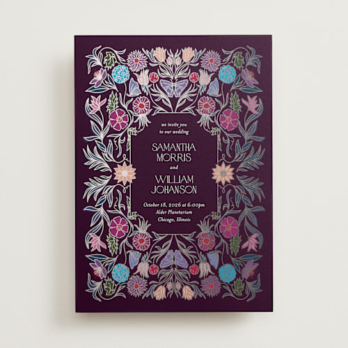 This is a plum garden foil stamped wedding invitations with foil pressed by Simona Camp called gilded tapestry printing on signature in standard