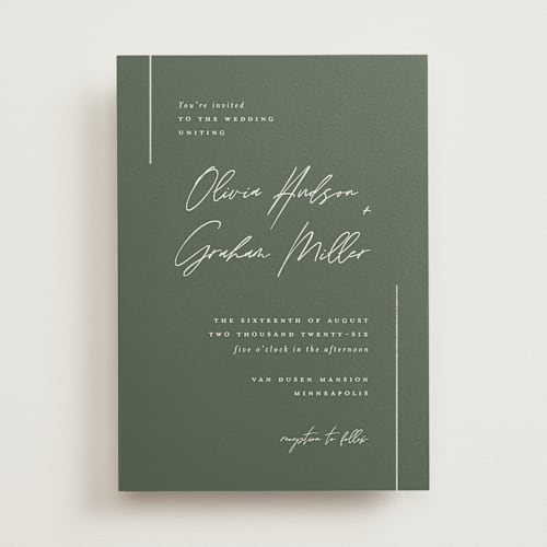 This is a moss foil stamped wedding invitations with foil pressed by Michelle Taylor called simple lines printing on signature in standard