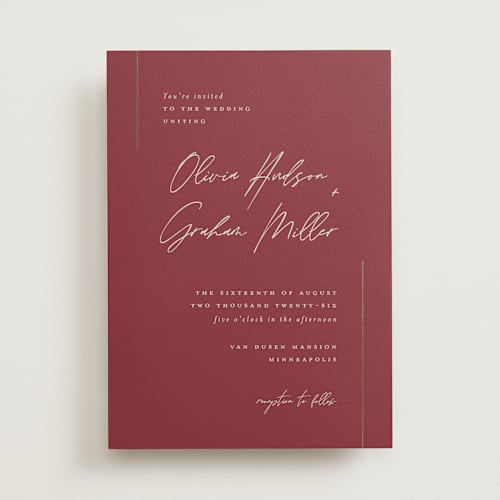 This is a cranberry foil stamped wedding invitations with foil pressed by Michelle Taylor called simple lines printing on signature in standard