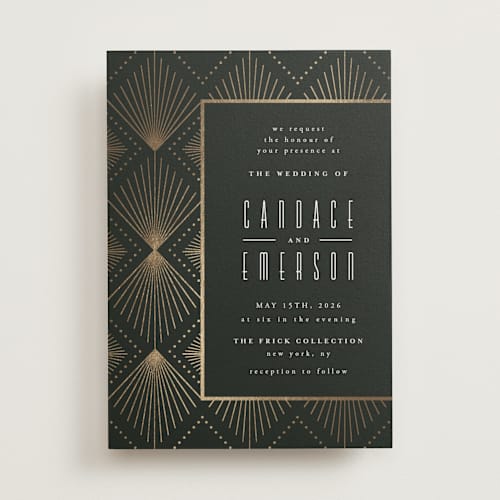 This is a onyx foil stamped wedding invitations with foil pressed by Ana de Sousa called deco pattern printing on signature in standard