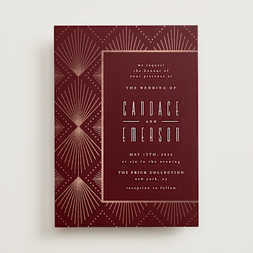 This is a ruby foil stamped wedding invitations with foil pressed by Ana de Sousa called deco pattern printing on signature in standard