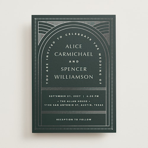 This is a fir foil stamped wedding invitations with foil pressed by Kindred Fields called deco arch printing on signature in standard