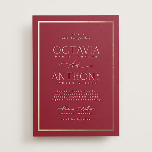 This is a ruby foil stamped wedding invitations with foil pressed by Nicole Walsh called regal printing on signature in standard