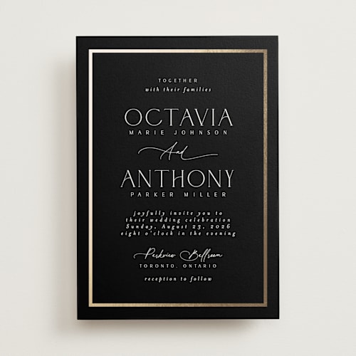This is a noir foil stamped wedding invitations with foil pressed by Nicole Walsh called regal printing on signature in standard