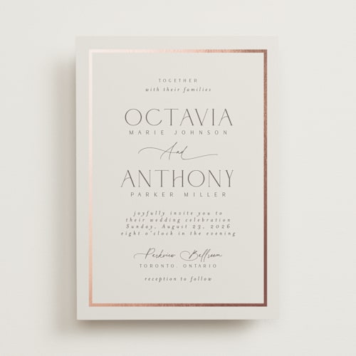 This is a sandstone foil stamped wedding invitations with foil pressed by Nicole Walsh called regal printing on signature in standard