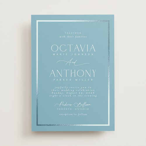 This is a sky foil stamped wedding invitations with foil pressed by Nicole Walsh called regal printing on signature in standard