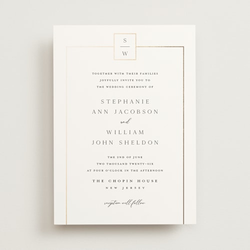 This is a porcelain foil stamped wedding invitations with foil pressed by Stacey Meacham called elegant station printing on signature in standard