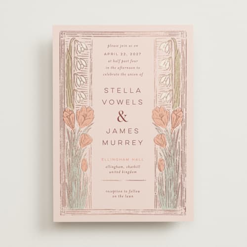 This is a blush pink foil stamped wedding invitations with foil pressed by Shiny Penny Studio called deco spring florals printing on signature in standard