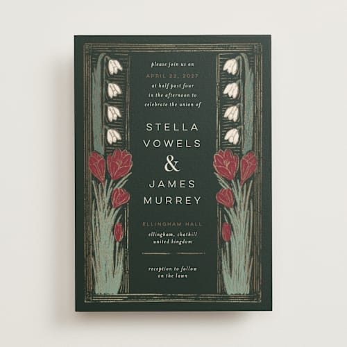 This is a berry foil stamped wedding invitations with foil pressed by Shiny Penny Studio called deco spring florals printing on signature in standard
