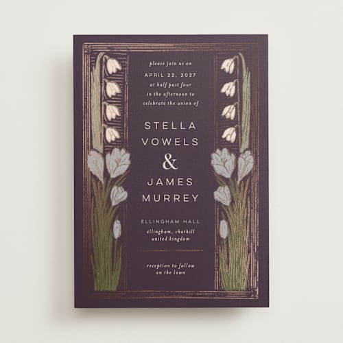 This is a plum foil stamped wedding invitations with foil pressed by Shiny Penny Studio called deco spring florals printing on signature in standard
