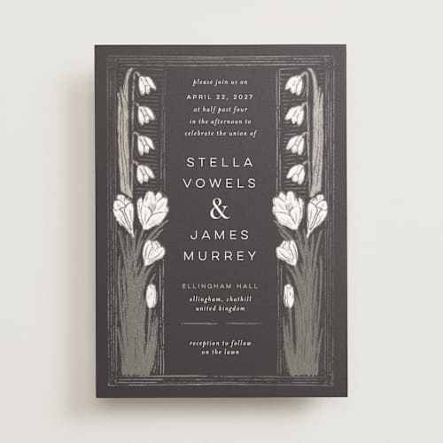 This is a midnight foil stamped wedding invitations with foil pressed by Shiny Penny Studio called deco spring florals printing on signature in standard