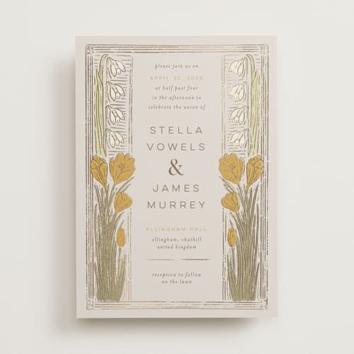 This is a dandelion foil stamped wedding invitations with foil pressed by Shiny Penny Studio called deco spring florals printing on signature in standard