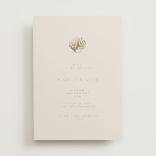 This is a coral foil stamped wedding invitations with foil pressed by Hannah Bowman called simple seashell printing on signature in standard