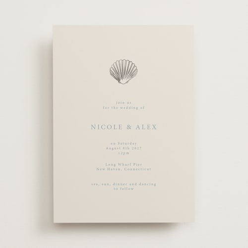 This is a sea spray foil stamped wedding invitations with foil pressed by Hannah Bowman called simple seashell printing on signature in standard