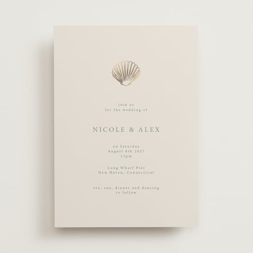This is a kelp foil stamped wedding invitations with foil pressed by Hannah Bowman called simple seashell printing on signature in standard