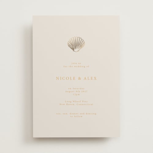 This is a sunrise foil stamped wedding invitations with foil pressed by Hannah Bowman called simple seashell printing on signature in standard