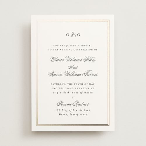 This is a tuxedo foil stamped wedding invitations with foil pressed by Carolyn MacLaren called timeless together printing on signature in standard