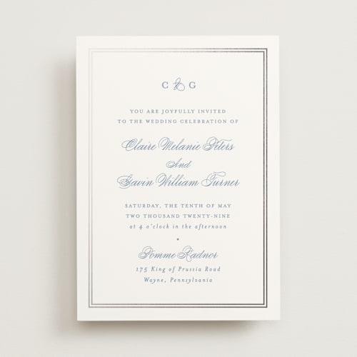 This is a french blue foil stamped wedding invitations with foil pressed by Carolyn MacLaren called timeless together printing on signature in standard
