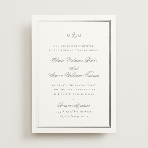 This is a sage foil stamped wedding invitations with foil pressed by Carolyn MacLaren called timeless together printing on signature in standard