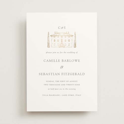 This is a graphite foil stamped wedding invitations with foil pressed by Melinda Denison called villa balbiano printing on signature in standard