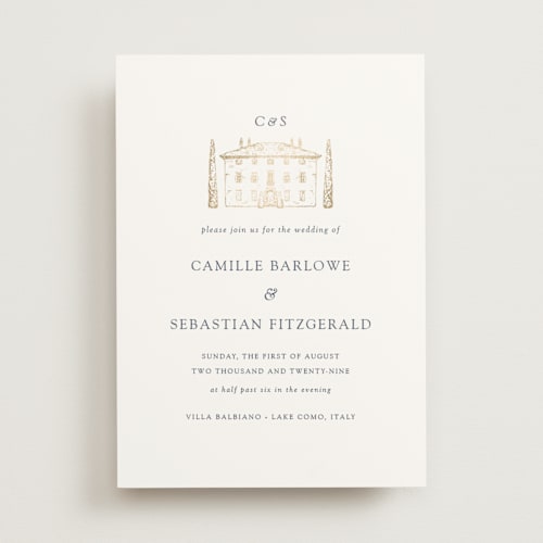 This is a indigo foil stamped wedding invitations with foil pressed by Melinda Denison called villa balbiano printing on signature in standard