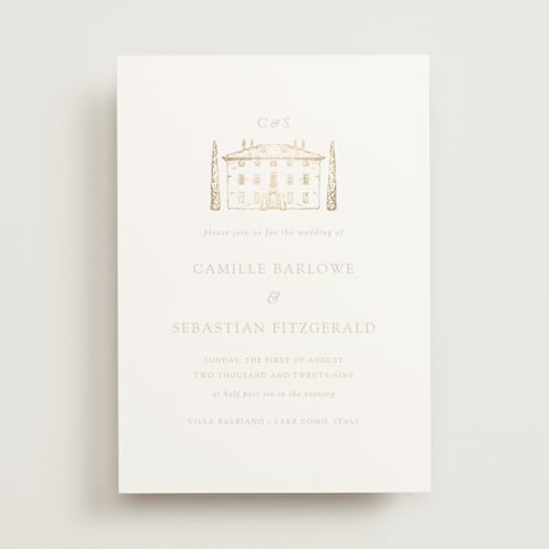 This is a dove foil stamped wedding invitations with foil pressed by Melinda Denison called villa balbiano printing on signature in standard