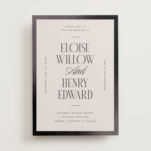 This is a suit foil stamped wedding invitations with foil pressed by Pixel and Hank called threaded printing on signature in standard