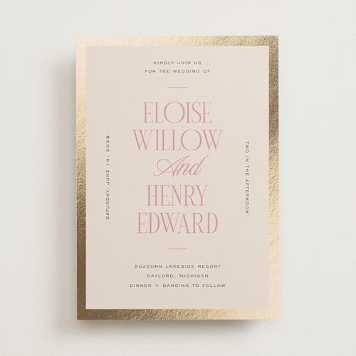 This is a petal foil stamped wedding invitations with foil pressed by Pixel and Hank called threaded printing on signature in standard