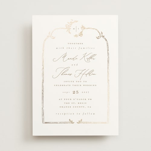 This is a porcelain foil stamped wedding invitations with foil pressed by Leah Bisch called reflection printing on signature in standard