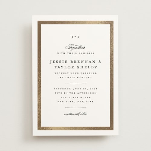 This is a gold foil stamped wedding invitations with foil pressed by Stacey Meacham called lasting love printing on signature in standard