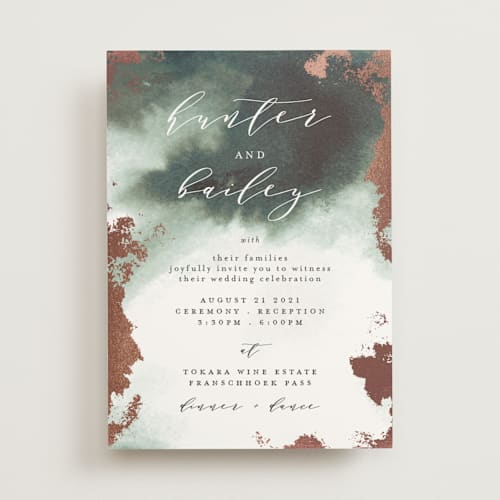 This is a moss foil stamped wedding invitations with foil pressed by Phrosné Barwood called fancy marble printing on signature in standard