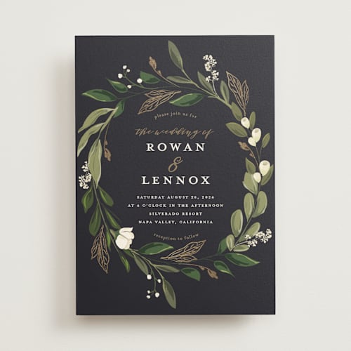 This is a midnight foil stamped wedding invitations with foil pressed by Susan Moyal called greenery crown printing on signature in standard