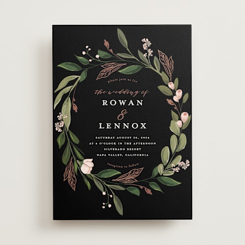 This is a burnt rose foil stamped wedding invitations with foil pressed by Susan Moyal called greenery crown printing on signature in standard