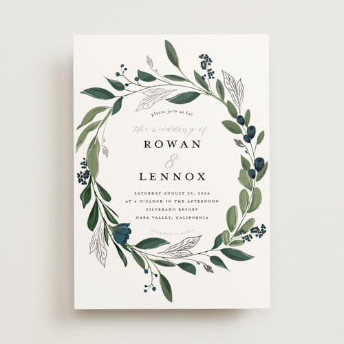 This is a frost foil stamped wedding invitations with foil pressed by Susan Moyal called greenery crown printing on signature in standard
