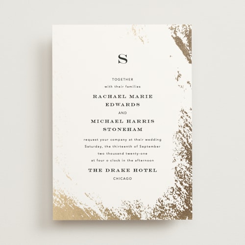 This is a ivory foil stamped wedding invitations with foil pressed by Kimberly FitzSimons called edgy charm printing on signature in standard