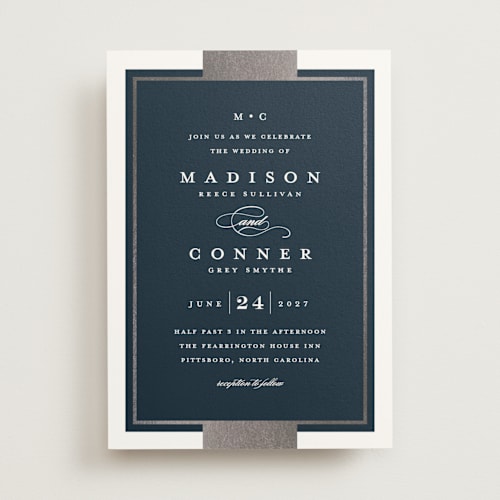 This is a navy foil stamped wedding invitations with foil pressed by Stacey Meacham called refined style printing on signature in standard