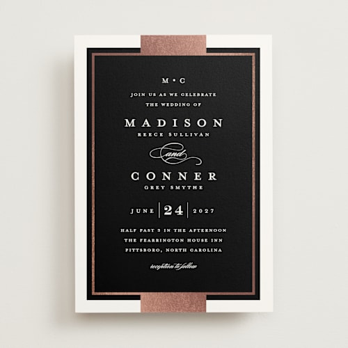 This is a twilight foil stamped wedding invitations with foil pressed by Stacey Meacham called refined style printing on signature in standard